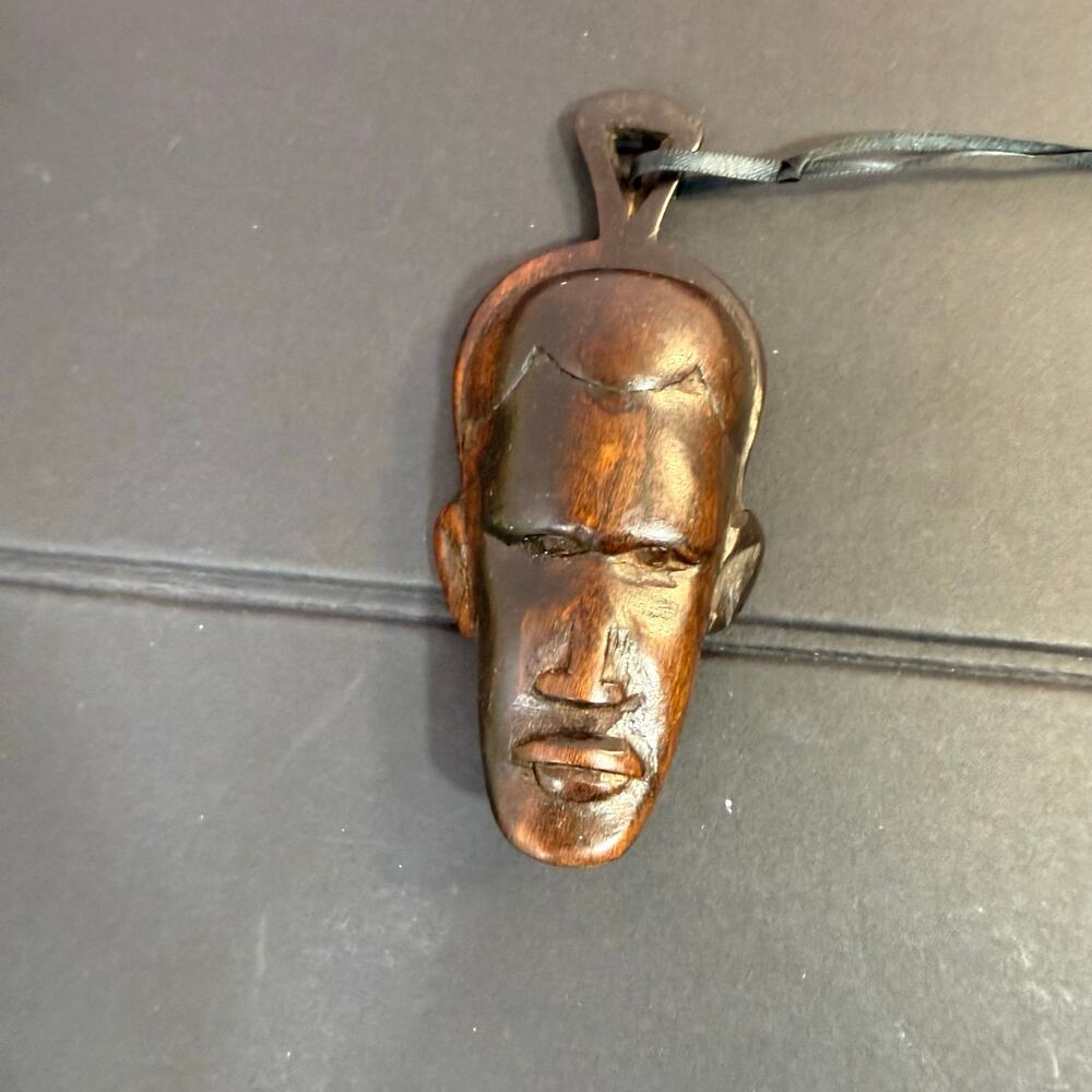 Hand Carved Wood Face Mask Pendant Necklace Brown Artisan Tribal Style 3.5”